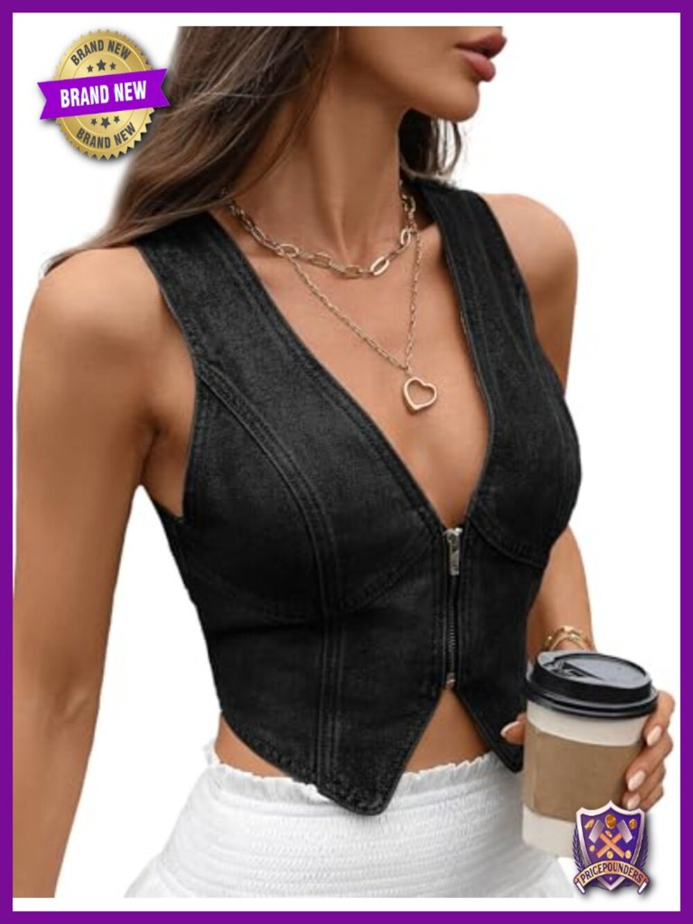 FEOYA Women's Denim Crop Vest V-Neck Zipper Sleeveless Western Jean Waistcoat
